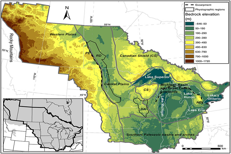 The bedrock surface of the North American mid-continent